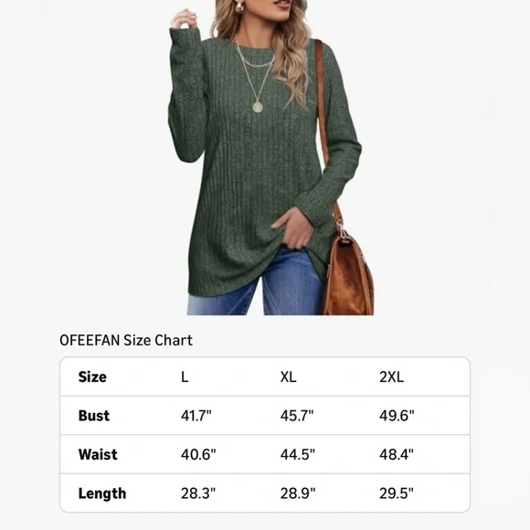 Green Ribbed Long Sleeve Tunic Top Crew Neck Casual Sweater. - Picture 5 of 6